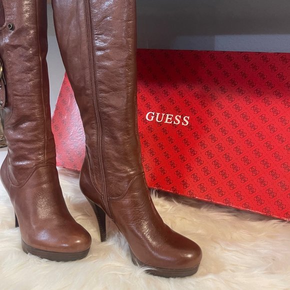 Guess Shoes - Guess Hearne leather below the knee platform bootie with heel